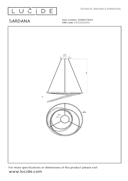 Lucide SARDANA - Hanglamp - Ø 80 cm - LED Dimb. - 1x74W 2700K - Mat Goud / Messing | Premium - technisch
